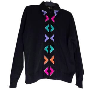 Women Medium Jacket Black 80s Zip Up Retro RSB Geometric Vintage SKU1507